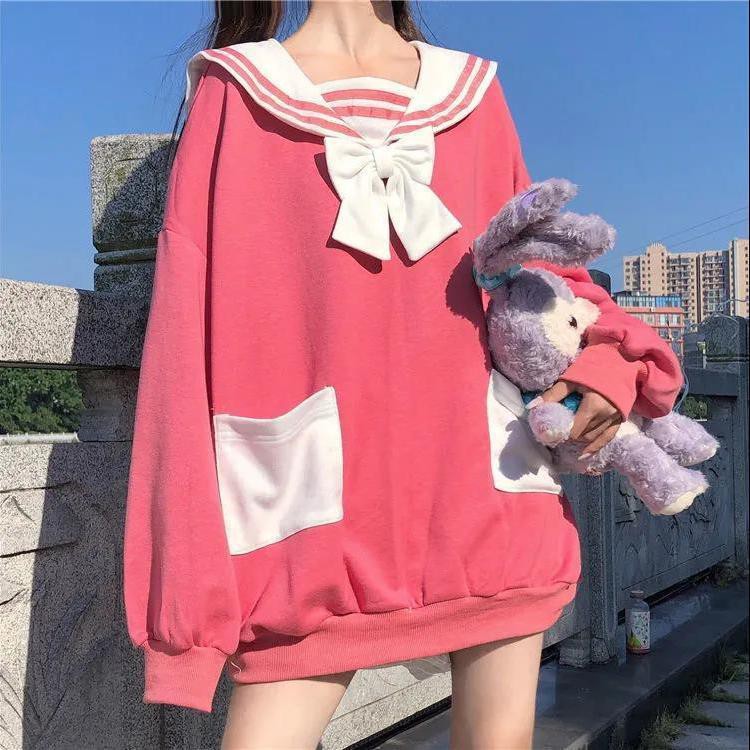 Dễ Thương Áo Khoác Sweater Tay Dài Dáng Rộng Cổ Thủy Thủ Đính Tai Thỏ Xinh Xắn Cho Nữ