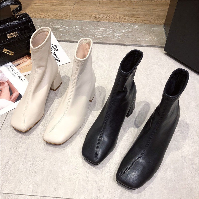 Chelsea Boots ngắn của nữ Martin dày gót mùa xuân và thu Đàn hồi mỏng đơn đế vuông giữa ngón chân năm 2021 mới Đô