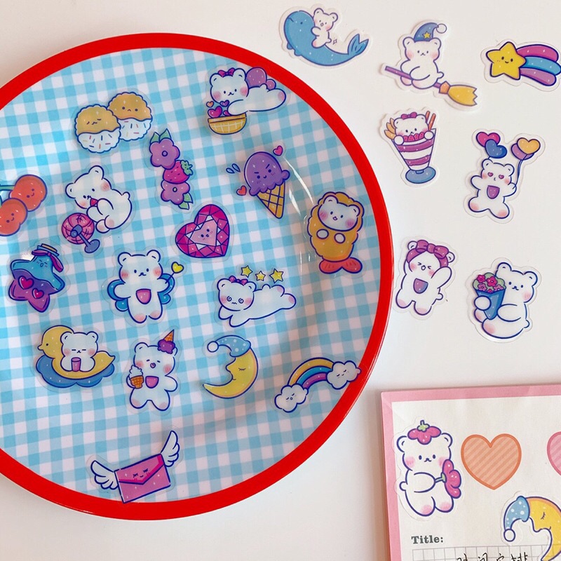 Set 40 tấm sticker cute hình con gấu trắng dễ thương hàng Quảng Châu trang trí sổ vở viết đồ dùng