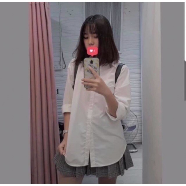 Áo sơ mi nữ dài tay công sở TRƠN Basic Unisex Dáng Rộng Màu Trắng