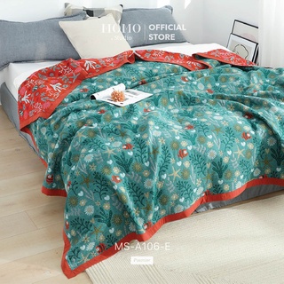 Chăn xô organic cao cấp hoạ tiết hoa lá màu xanh