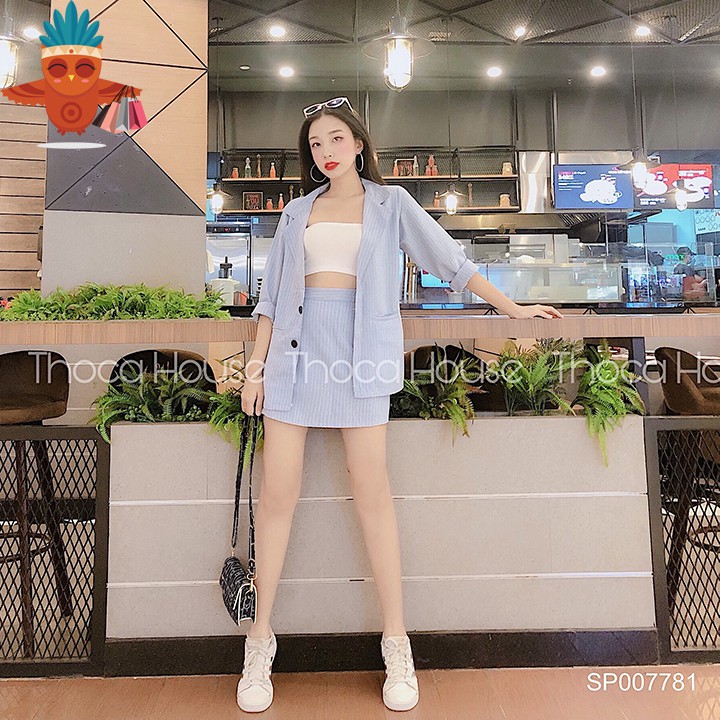 Set áo khoác vest sọc xanh biển phối chân váy lưng thun THOCA HOUSE 2 túi mổ đi làm, đi học freesize dưới 55kg | BigBuy360 - bigbuy360.vn