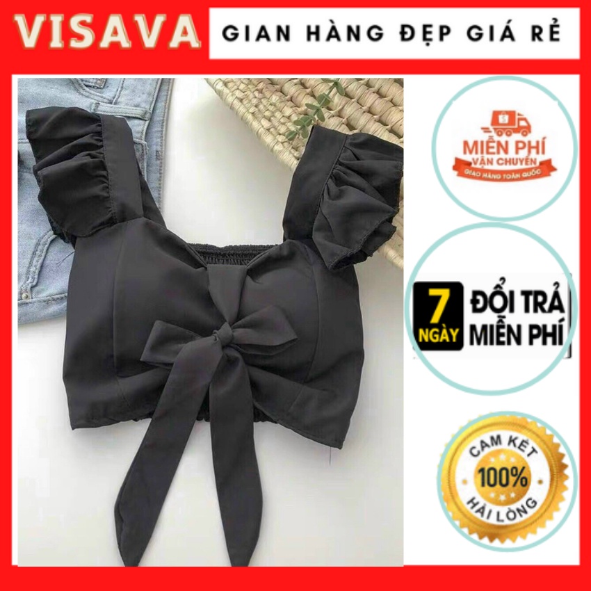 [ÁO KIỂU CÁNH TIÊN] Áo Croptop Voan Dây Phối Bèo - Nơ Ngực Nhều Màu Gợi Cảm - Visava.clothing