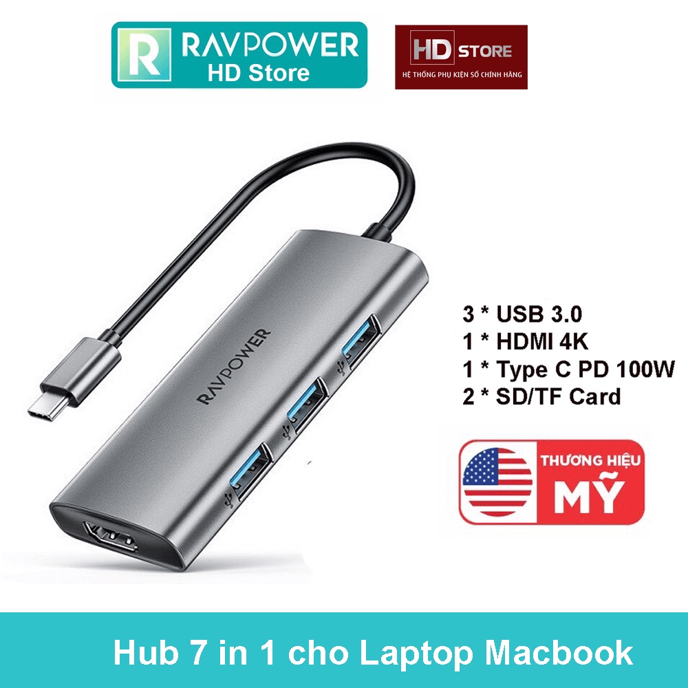 Hub RAVPower 7in1 Laptop Mac Air Pro (Type C ra HDMI/USB3.0/PD 100W) RP-CUCN001