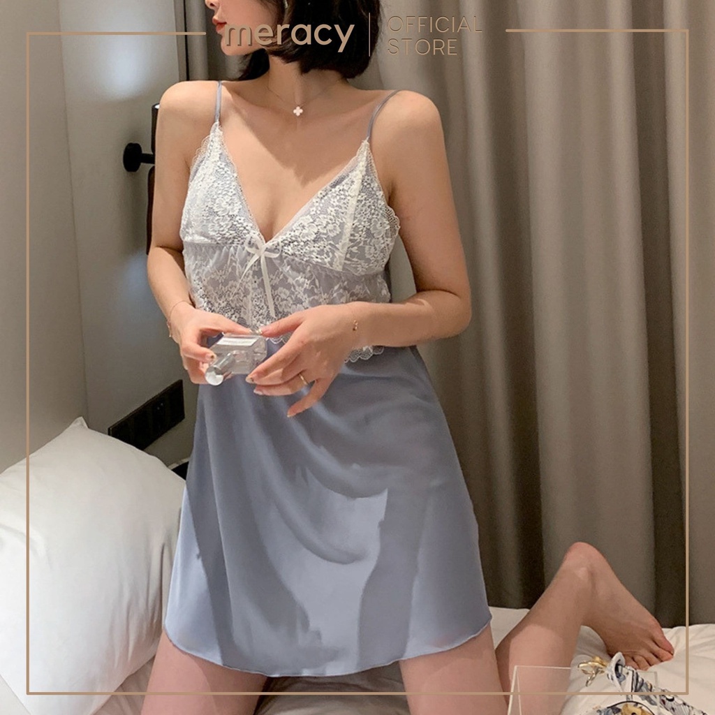 Đầm ngủ hai dây lụa satin nữ MERACY váy ngủ 2 dây lụa satin có mút ngực phối ren sexy M08-VN