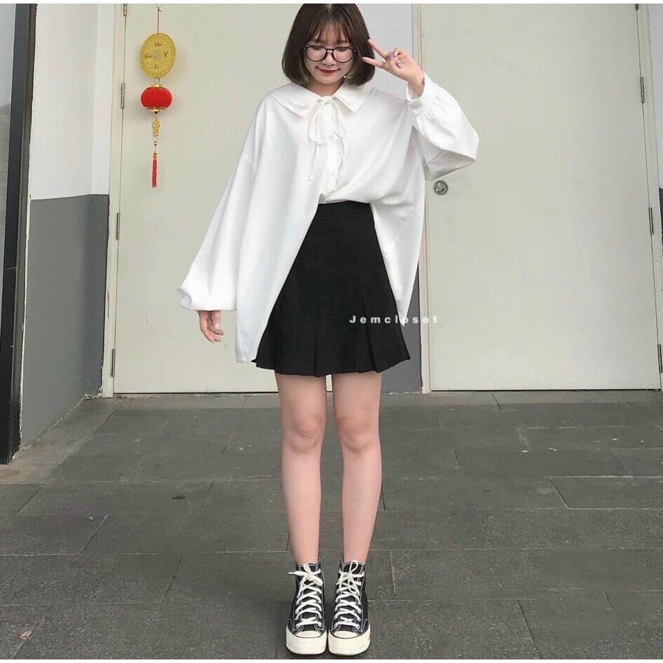 ÁO SƠ MI CỔ SEN 2 LỚP TAY BỒNG THẮT NƠ MÀU TRẮNG - ÁO KIỂU SOMI DÀI TAY FORM RỘNG