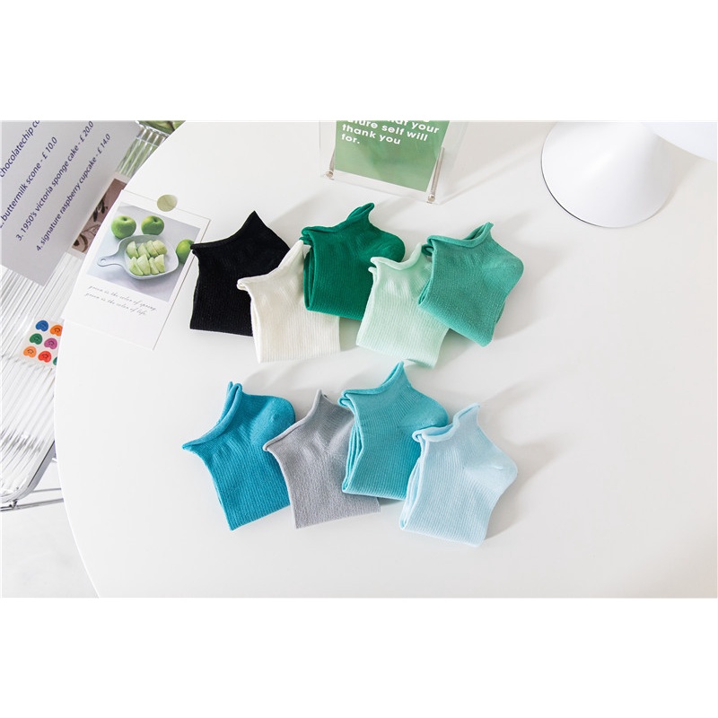 Tất trơn màu basic cổ xoăn nhún qua mắt cá xanh pastel