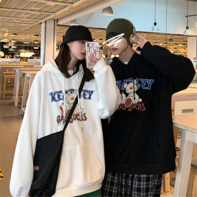 Áo Hoodie Nỉ Hoạt Hình Gấu GASSUCKS Form Rộng Tay Phồng, Áo Hoodie Màu Đen Trắng Basic Unisex