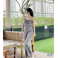 SET ĐỒ NỮ 2 DÂY PHỐI BÈO NHÚN NGỰC QUẦN DÀI HỌA TIẾT KẺ SỌC CARO