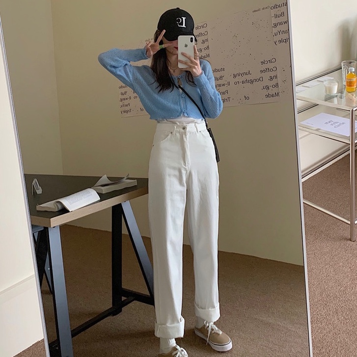 Quần jeans dài IHKKE ống rộng thời trang cổ điển dành cho nữ