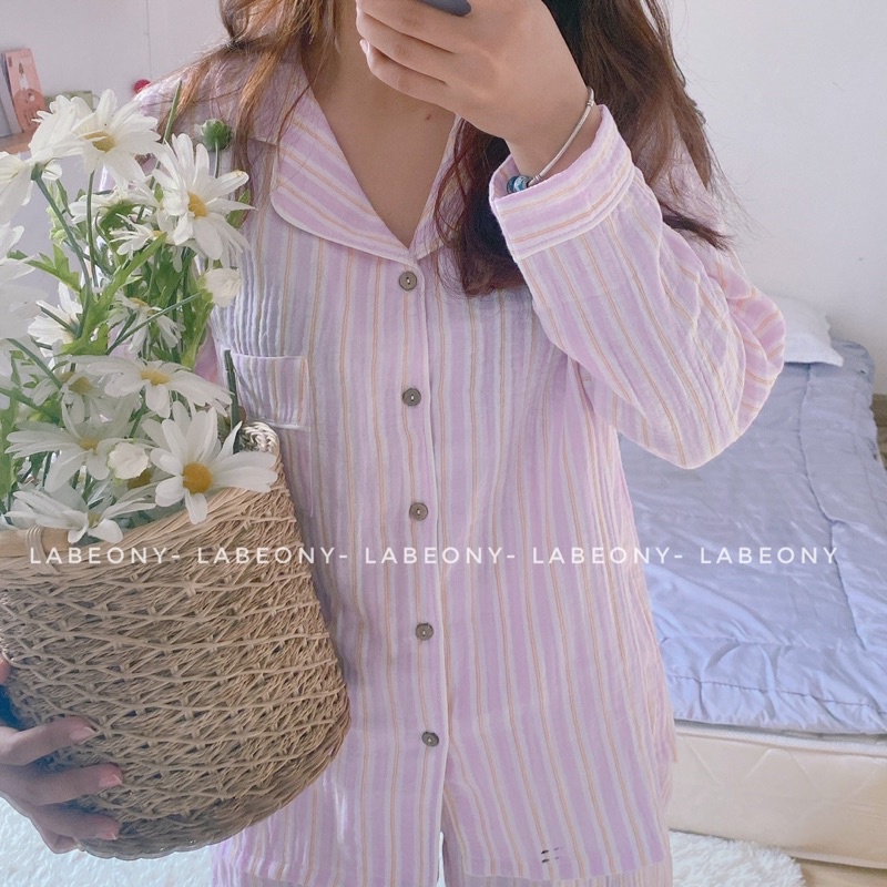 PYJAMA MUSLIN Kẻ Sọc bộ mặc nhà nữ ngắn dài Labeony