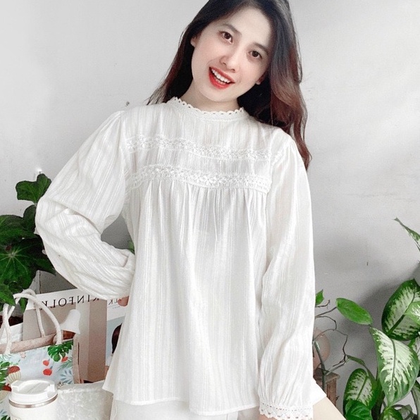 Áo kiểu nữ-áo sơ mi nữ dáng babydoll màu trắng phối ren xinh hàng Quảng Châu cao cấp A536 SUTANO