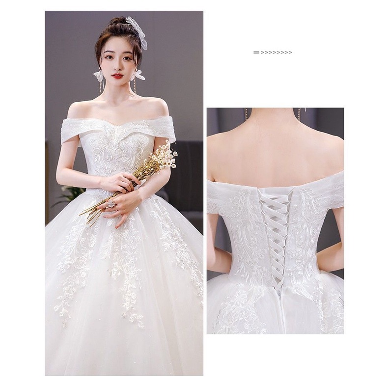 ~ ~ Đầm Cưới Dài Ngang Một Vai Phong Cách Cung Điện Pháp Nhẹ Nhàng Đơn Giản Phong Cách Mới 2024