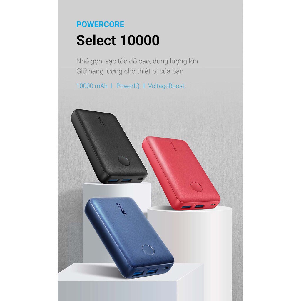 Pin dự phòng ANKER PowerCore 10000mAh Select 2 Cổng Usb IQ - A1223 Chính hãng Anker Việt Nam BH 18 Tháng