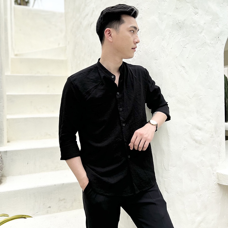 Áo sơ mi nam dài tay cổ tàu dáng ôm body hàn quốc vải mịn mát, áo so mi nam dai tay cổ trụ không nhăn AUTOMAN A01