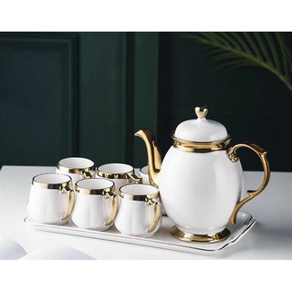 (Kèm ảnh thật ) Bộ Bình Cốc Sứ Uống Nước Màu Xanh Trắng  Bộ 6 Ly + 1 Ấm + Tặng 1 Khay Sứ