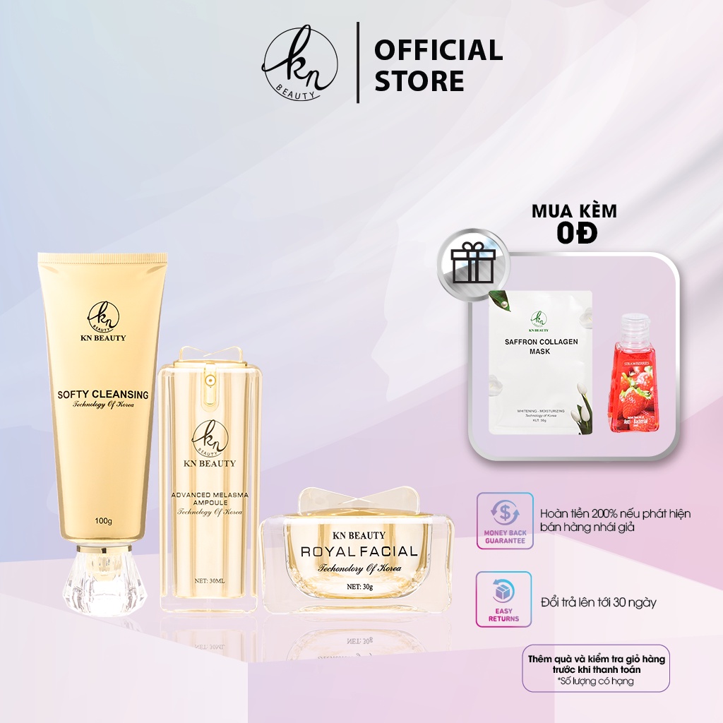 Bộ 3 sản phẩm Royal KN Beauty: Sữa rửa mặt 100g +tinh chất dưỡng 30ml+ kem dưỡng 30g( tặng mặt nạ +gel rửa tay )