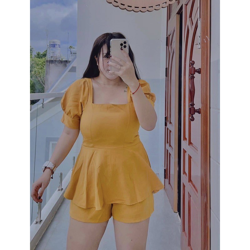 SET BỘ BIGSIZE: đồ bộ áo peplum quần đùi cạp chun 60-90kg size L-XL-XXL, màu: đen/đỏ/vàng