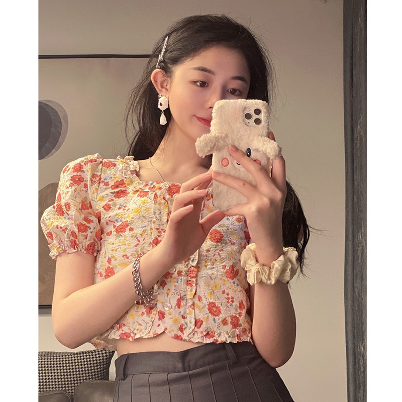 (ORDER) Áo sơ mi hoa đỏ cộc tay nhún bèo style retro vintage kiểu Pháp