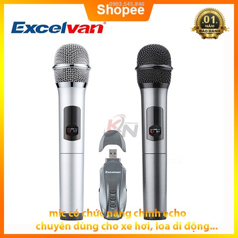 Micro Karaoke không dây hát trên ô tô, MC, thuyết trình Excelvan K18U, 02 mic, UHF