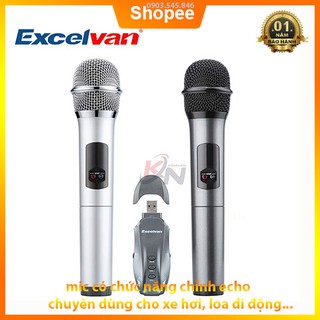 Micro Karaoke không dây hát trên ô tô, MC, thuyết trình Excelvan K18U, 02 mic, UHF