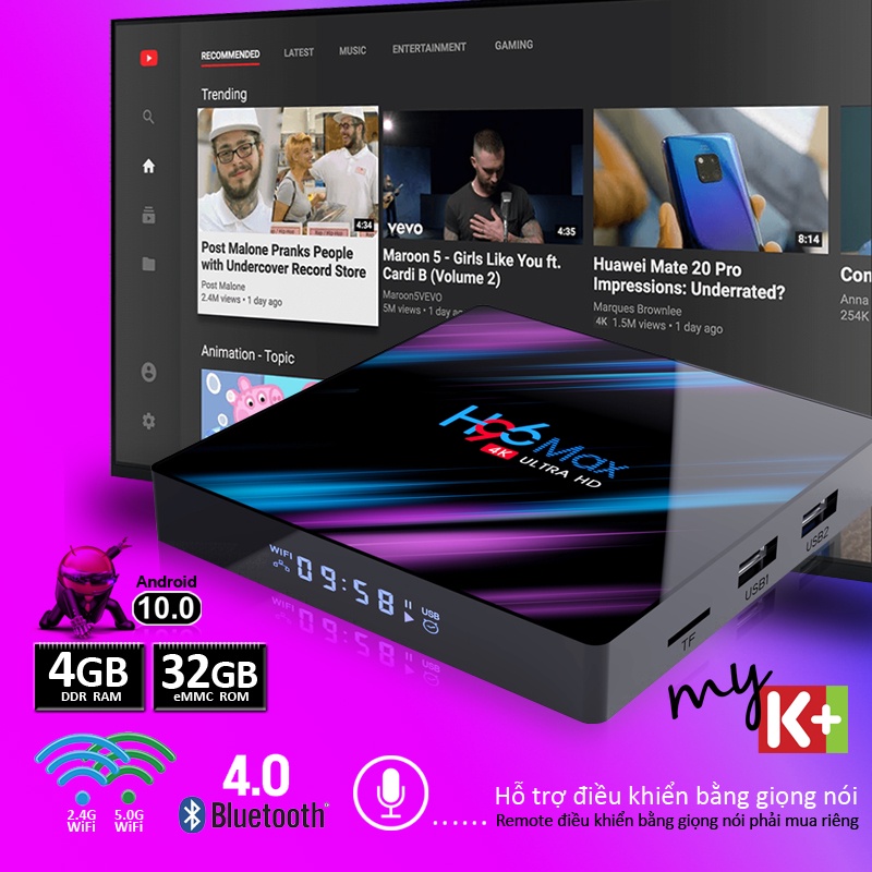 Android tv box Ram 4G Rom 32G android 10.0 bluetooth 4.0 wifi 5G hỗ trợ video 4k bảo hành 12 tháng H96MAX tivi box