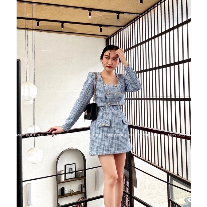 SET VÁY XANH CỔ VUÔNG CHẤT DẠ TWEED - MIDY.VN (hình tự chụp) | BigBuy360 - bigbuy360.vn