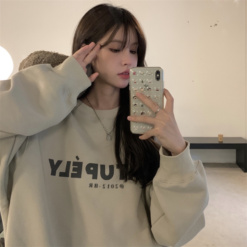 Áo hoodie SUXI cổ tròn hoạ tiết in chữ thời trang Hàn Quốc