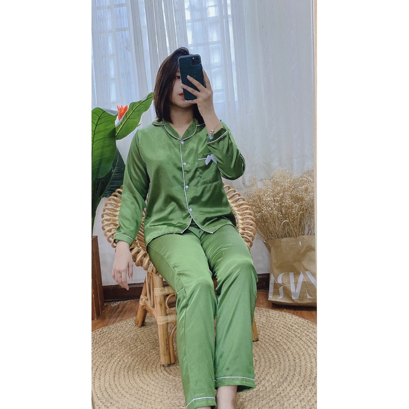 bộ đồ ngủ Đồ bộ pijama, bộ ngủ lụa nữ mặc nhà tay dài quần dài chất phi lụa freesezi từ 40kg đến 60kg