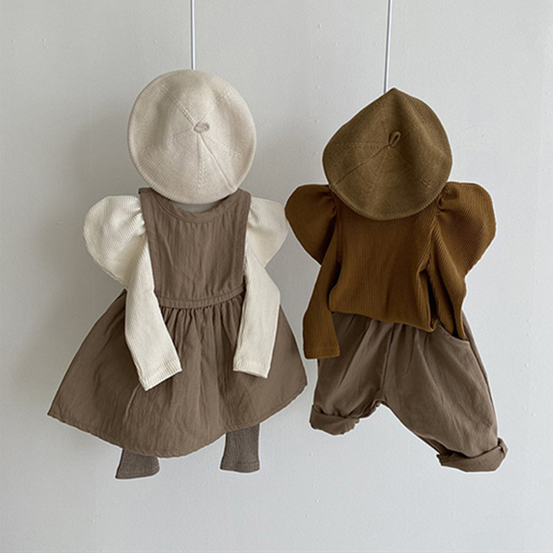 Áo thun màu trơn dài tay / quần culotte vải lưới xòe thời trang mùa thu cho bé gái