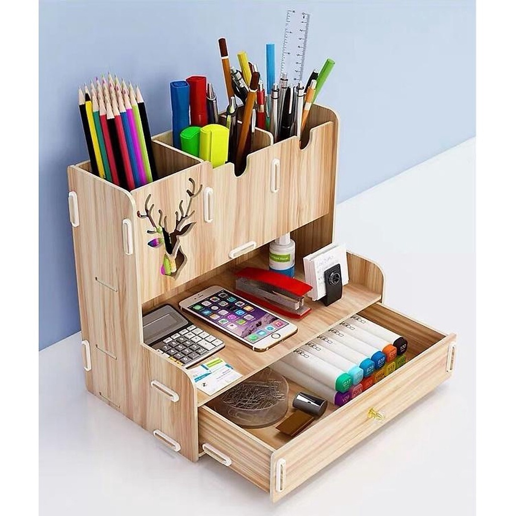 Hộp đựng bút để bàn, kệ đựng văn phòng phẩm có ngăn kéo tiện lợi