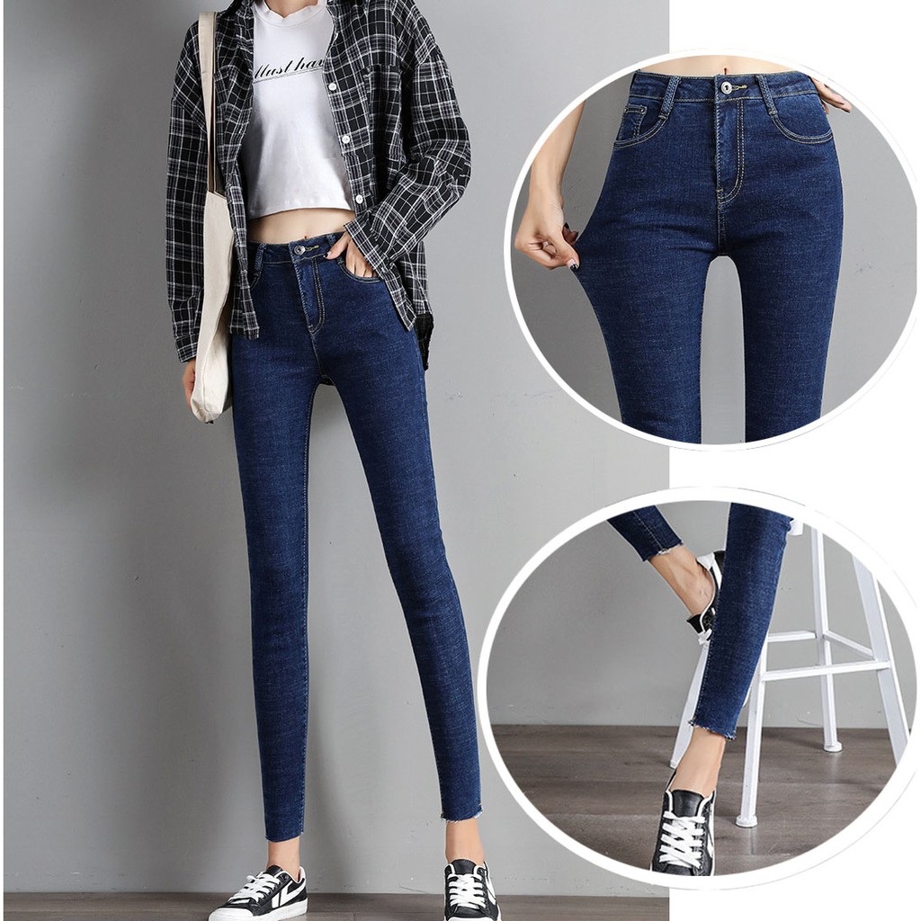 Quần jean nữ lưng vừa co giãn 04 chiều lai tua Quần bò nữ cạp cao dáng skinny 40-65kg