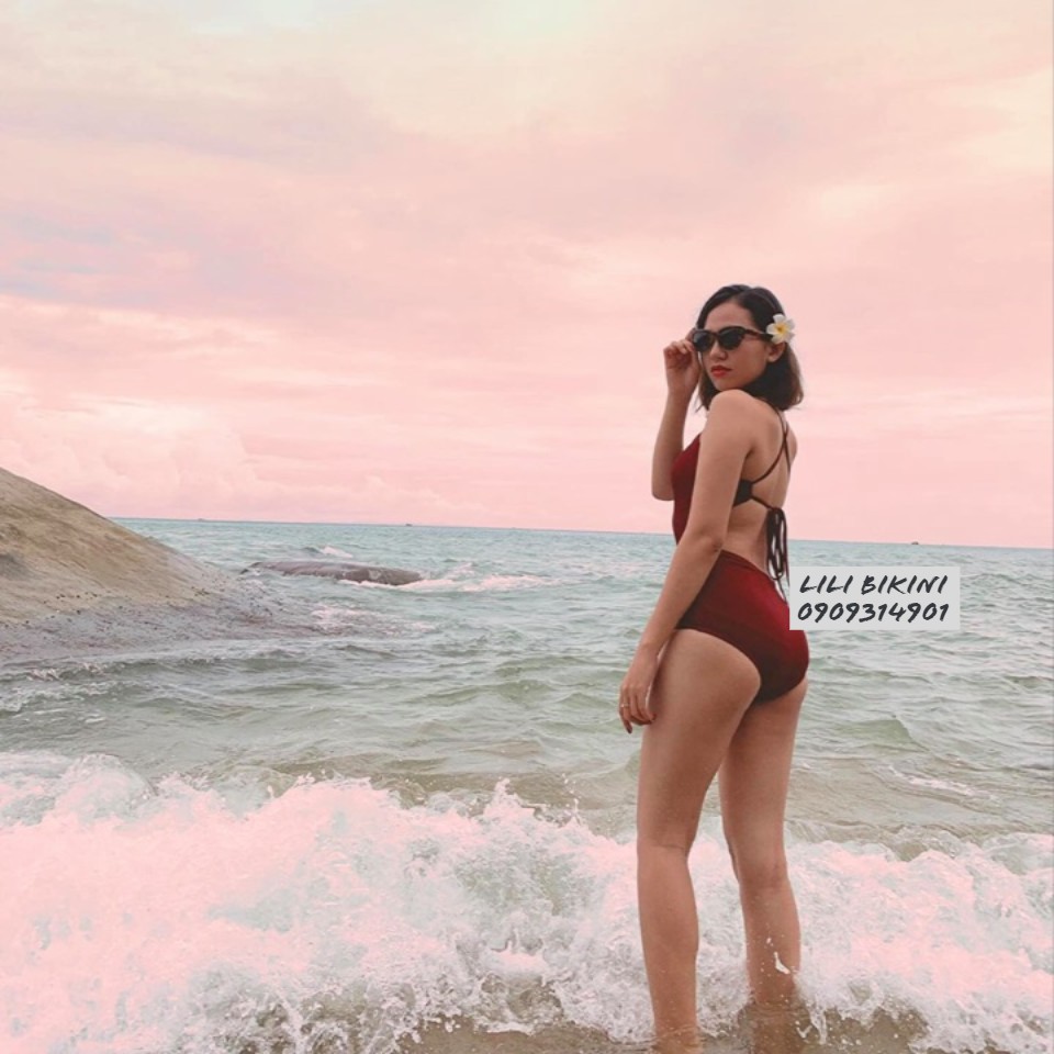 (Có sẵn,ảnh thật) đồ bơi bikini đỏ mận liền thân buộc dây lưng swimwear
