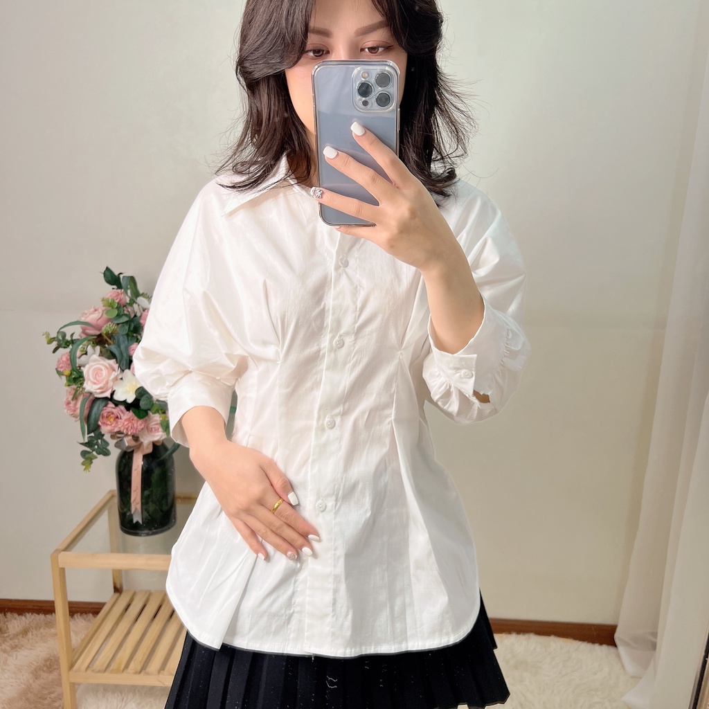 Áo sơ mi nữ xiaozing chiết eo tôn dáng, áo sơ mi trắng tay lỡ phong cách Hàn Quốc