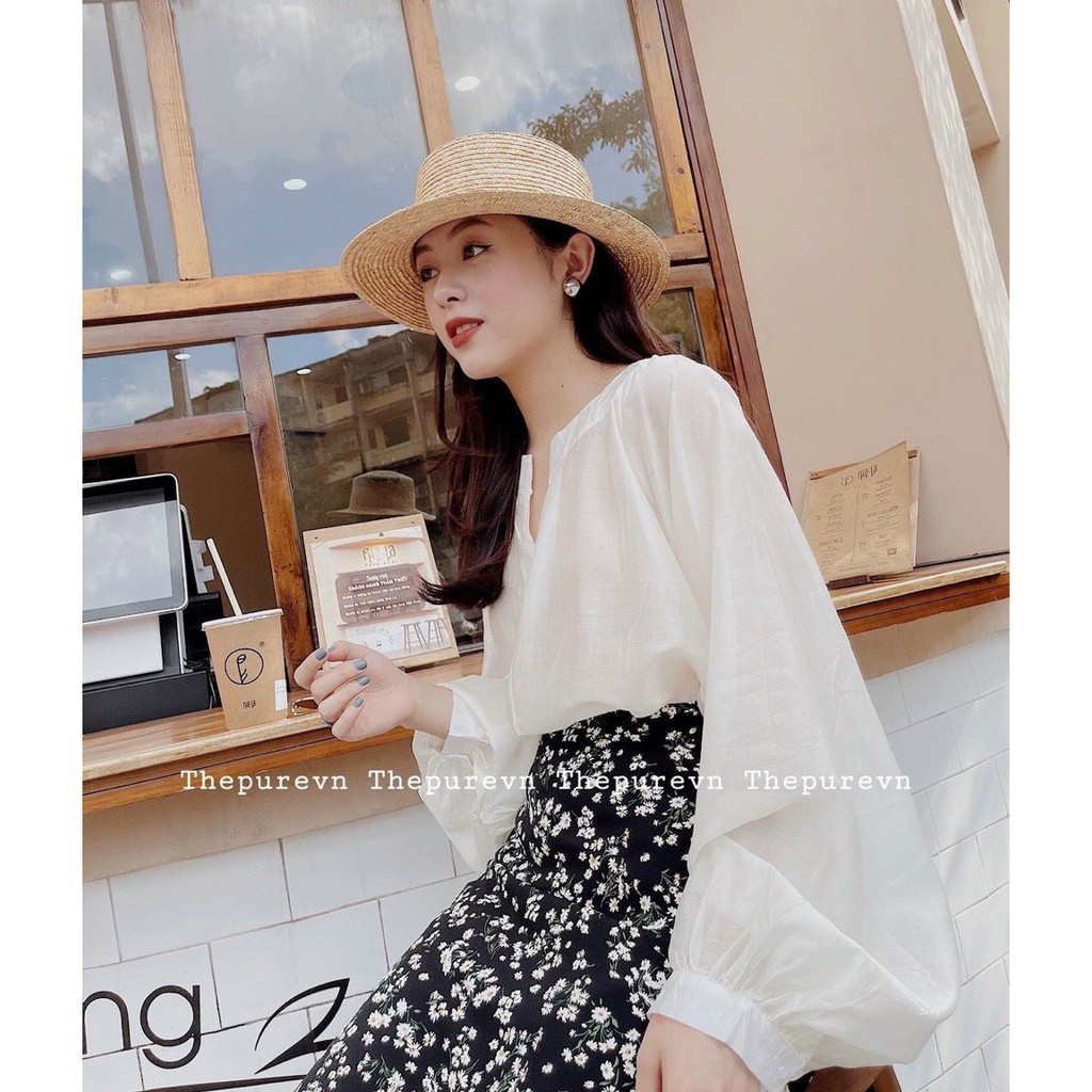 Áo Sơ Mi Tay Bồng Cổ Tàu GU (TRẮNG)
