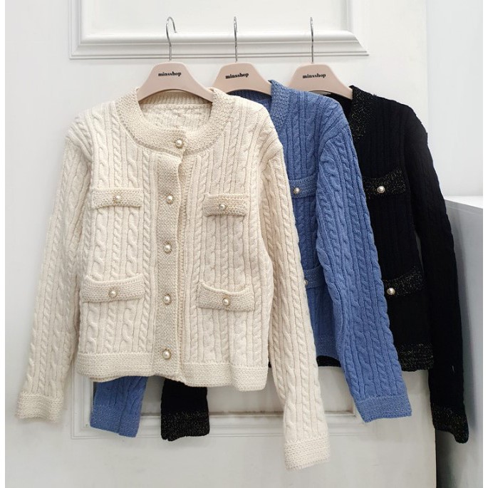 Áo khoác cardigan dệt kim đính ngọc trai giả phong cách retro