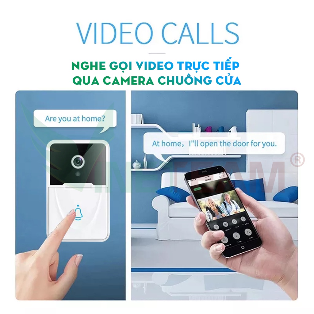 Chuông Cửa Thông Minh WIFI Hd Không Dây Có Thể Sạc Lại Chống Nước 166°Góc Rộng Có camera đàm thoại -dc4806