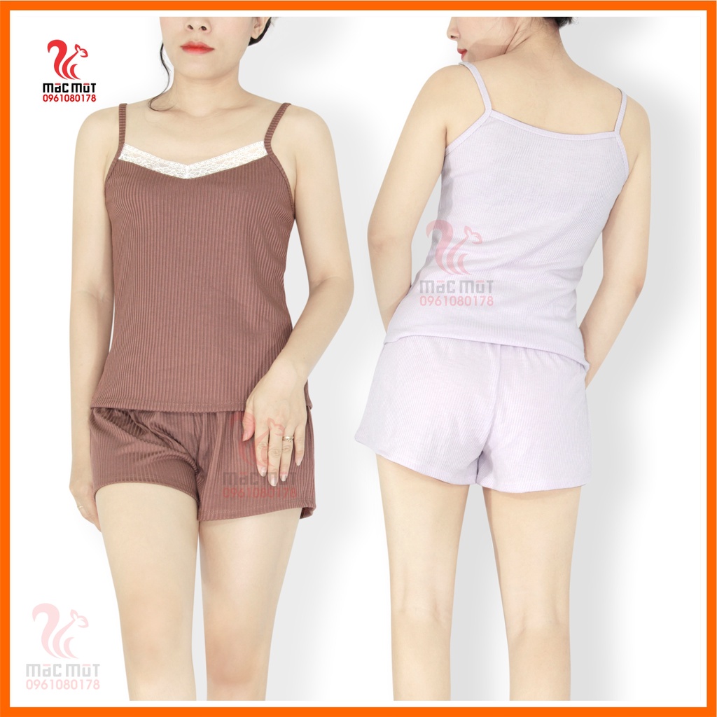Bộ đồ mặc nhà áo dây quần ngắn thun cotton bo gân dễ thương, có thể làm đồ đi ngủ đáng yêu. Thời trang Macmot