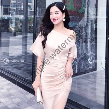 Đầm body xếp ly sẻ tà trễ vai
