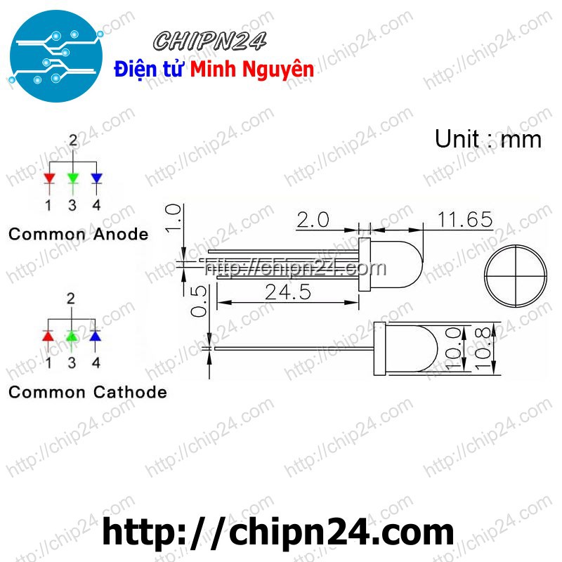 [5 CON] (TK1) Led 10mm Trong 7 Màu RGB 4 chân A chung