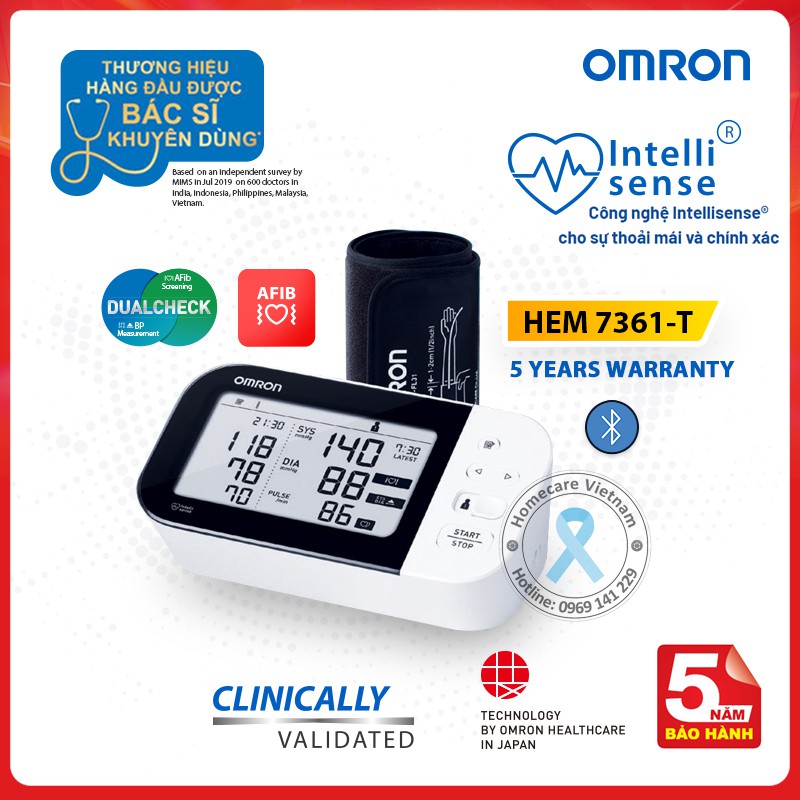 Máy đo huyết áp tự động bắp tay OMRON HEM-7361T, bảo hành 5 năm, cảnh báo đột quỵ, kết nối bluetootch