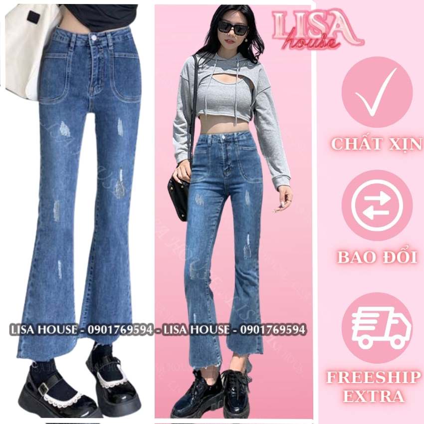 QUẦN JEAN LOE LỬNG CẠP CAO, 2 TÚI VUÔNG, RÁCH GẤU XANH XƯỚC ĐẬM, SIÊU CAO, QUẦN ỐNG BÁT NỮ VINTAGE