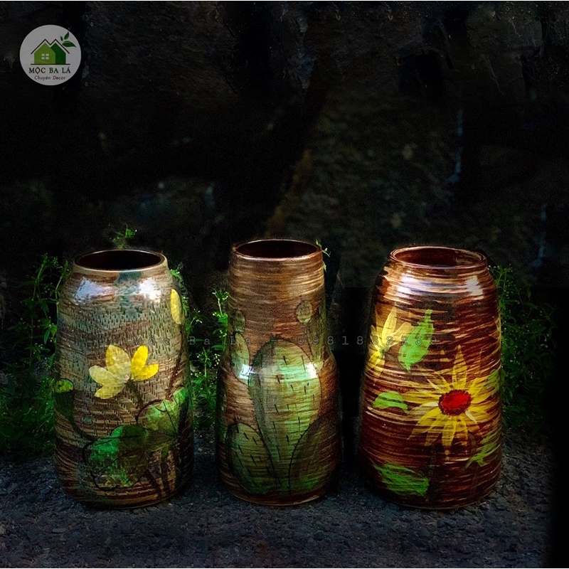 LỌ VẼ HOA MÀU NÂU  - MEN MỘC - GỐM BÁT TRÀNG - DECOR TRANG TRÍ NHÀ