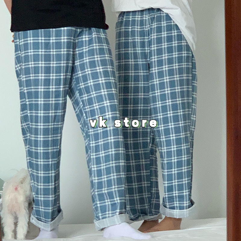 Quần ngủ dáng rộng họa tiết sọc caro màu xanh lá phong cách hàn quốc dành cho nam và nữ | BigBuy360 - bigbuy360.vn