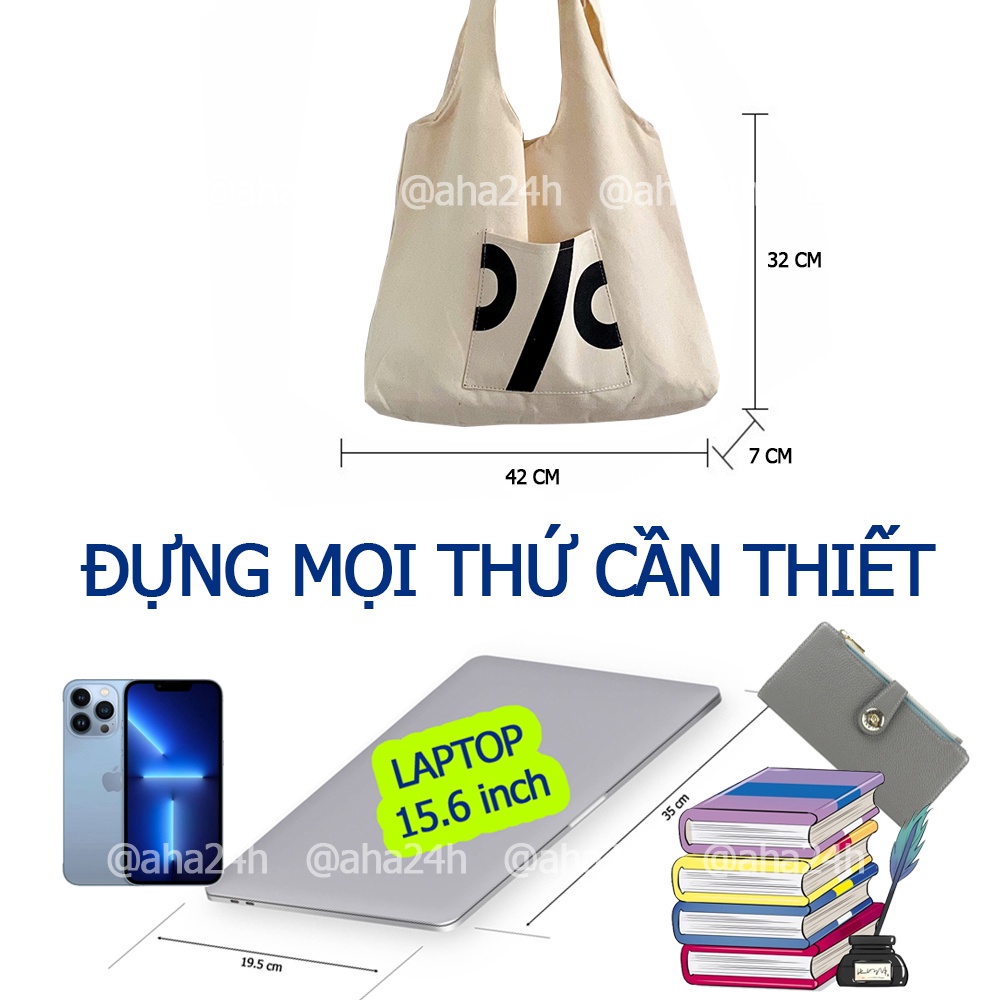 Túi tote vải canvas đi học đi chơi có túi nhỏ xinh in C/C AH1634