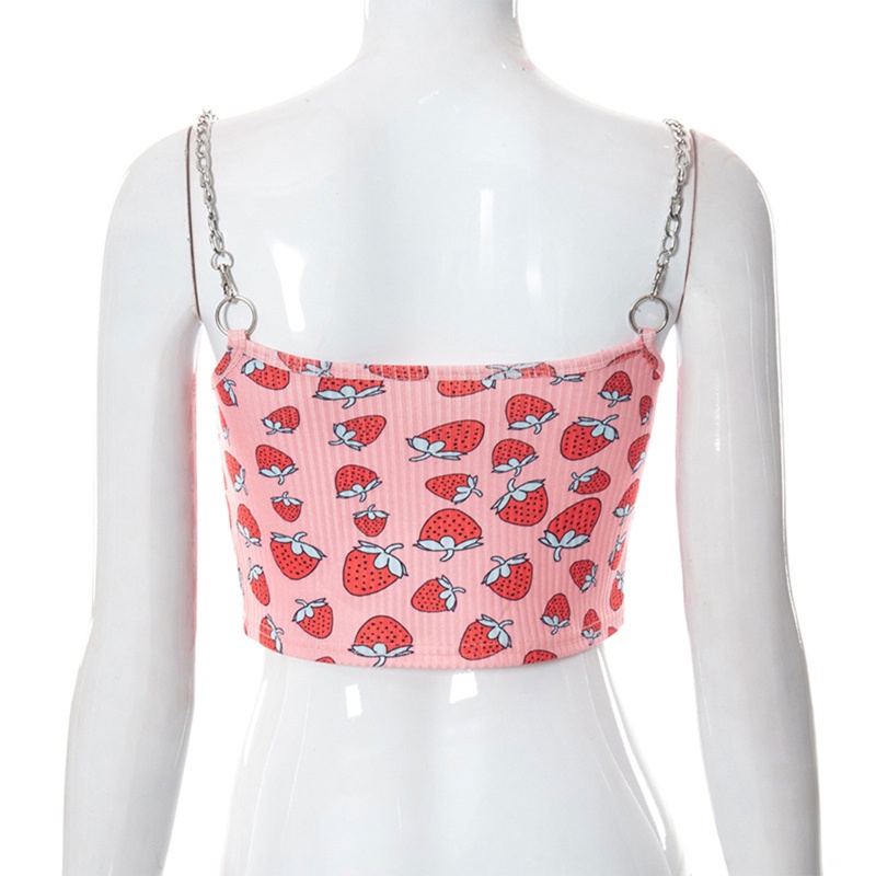 Brroa Áo Croptop Hai Dây Mỏng In Họa Tiết Dâu Tây Dây Xích Kim Loại Dễ Thương Cho Nữ