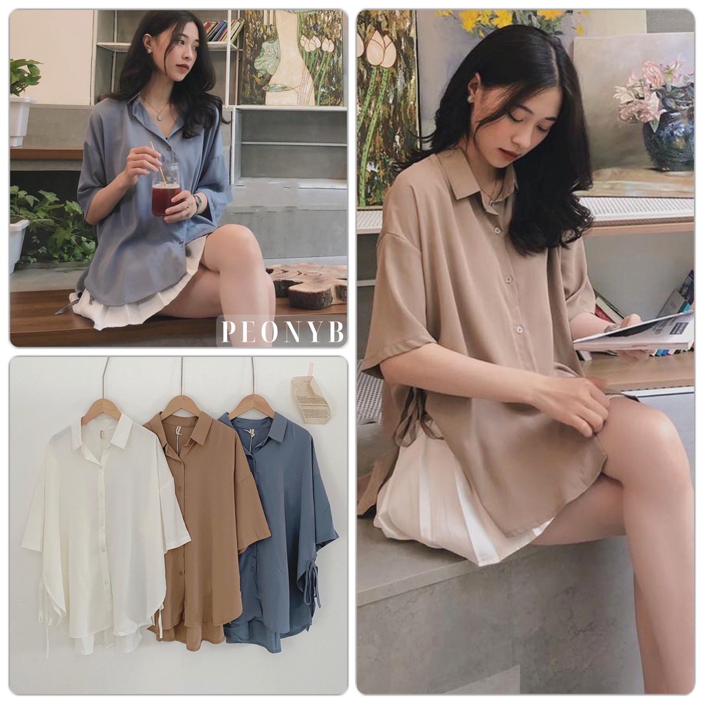 Áo Sơ Mi Vạt Bầu Buộc Dây Peonyb Nữ [Freeship] ? Thun Kiểu Form Rộng Tay Lỡ 3158 Học Sinh Hàn Quốc Cá Tính Ulzzang ?