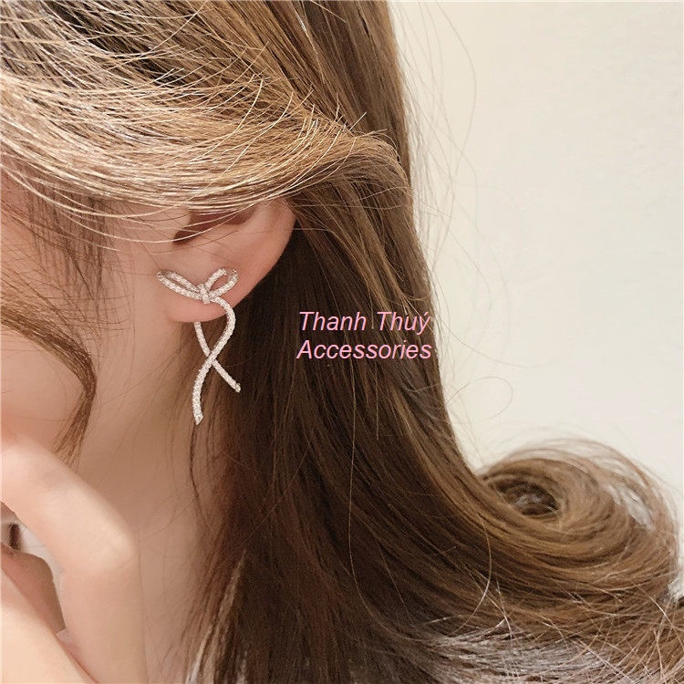 Bông tai nơ có thể tháo rời dát đá zircon mạ bạc 925 sang trọng tinh tế