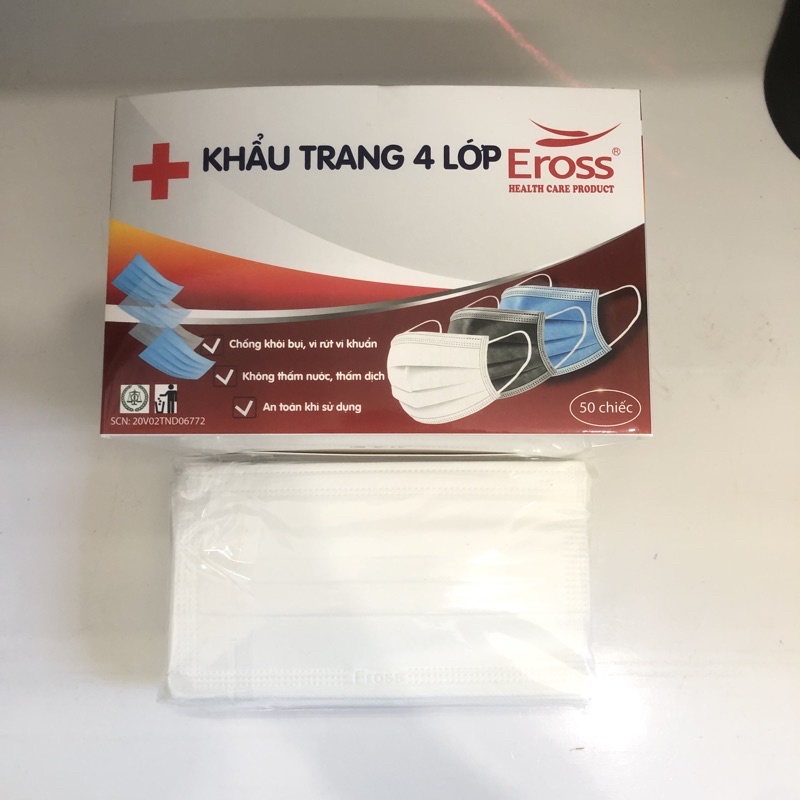 Khẩu trang y tế 4 lớp có giấy kháng khuẩn hộp 50C. Chống nước, chống giọt bắn, đeo ôm mặt, mềm mại