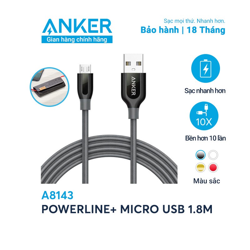 [Có bao da] Cáp sạc ANKER PowerLine+ Micro USB dài 1.8m - A8143